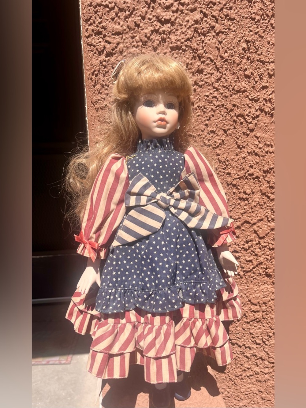 Classic Stars & Stripes Porcelain Doll in Blue and Red